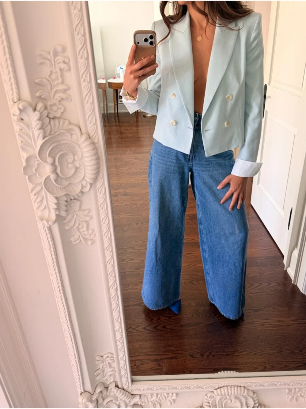 Zara Cropped Double-Breasted Blazer - Pale Blue - Picture 6 of 15